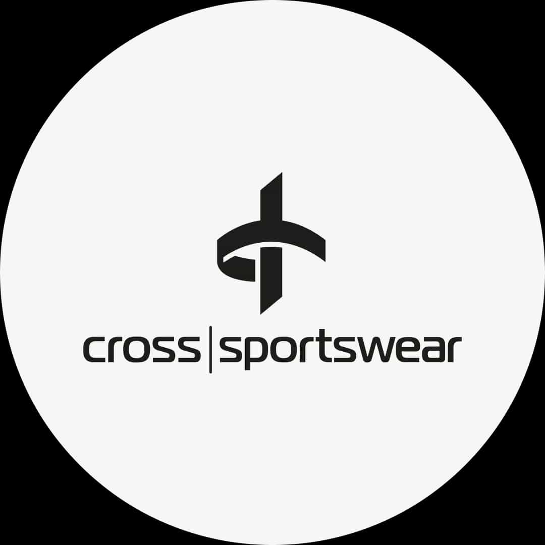 Svartvit logotyp för Cross Sportswear med ett stiliserat kors och texten "cross sportswear" under.
